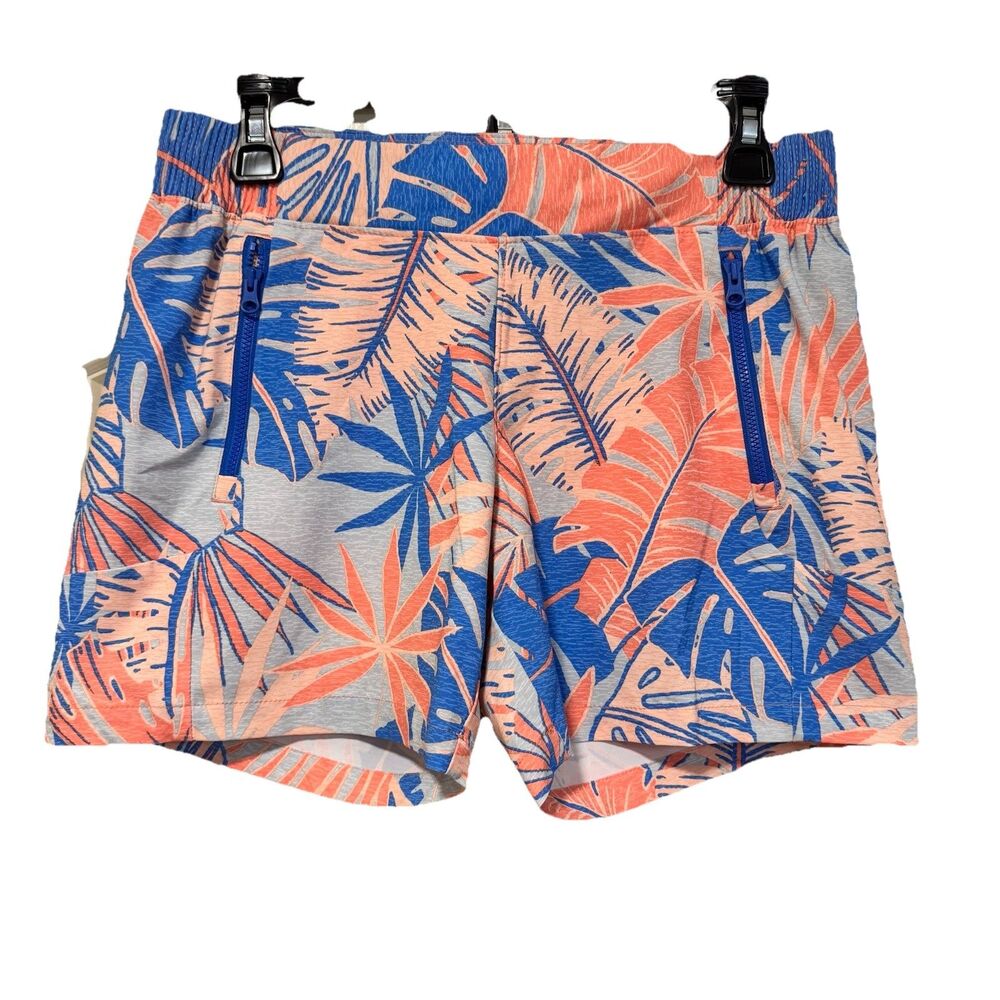 Columbia PFG Orange Lightweight Blue Floral Elastic Waist Shorts Small 5” Inseam